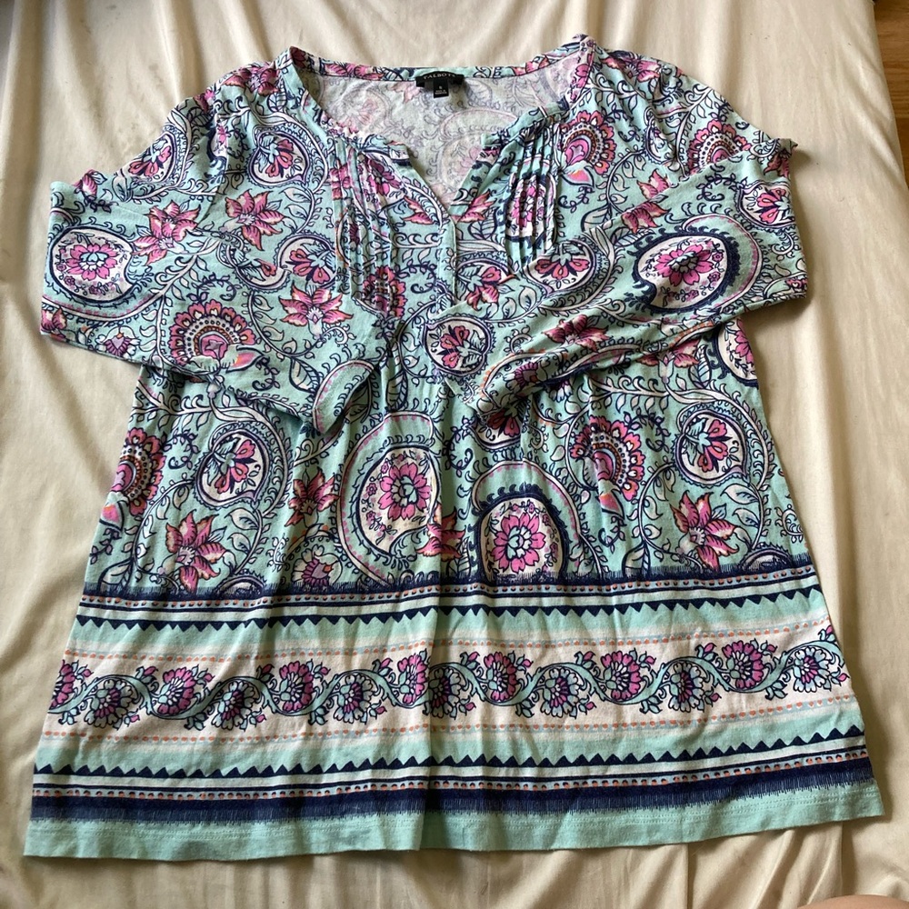 TALBOTS Woman Blue and Pink Long Sleeve Pleated Blouse